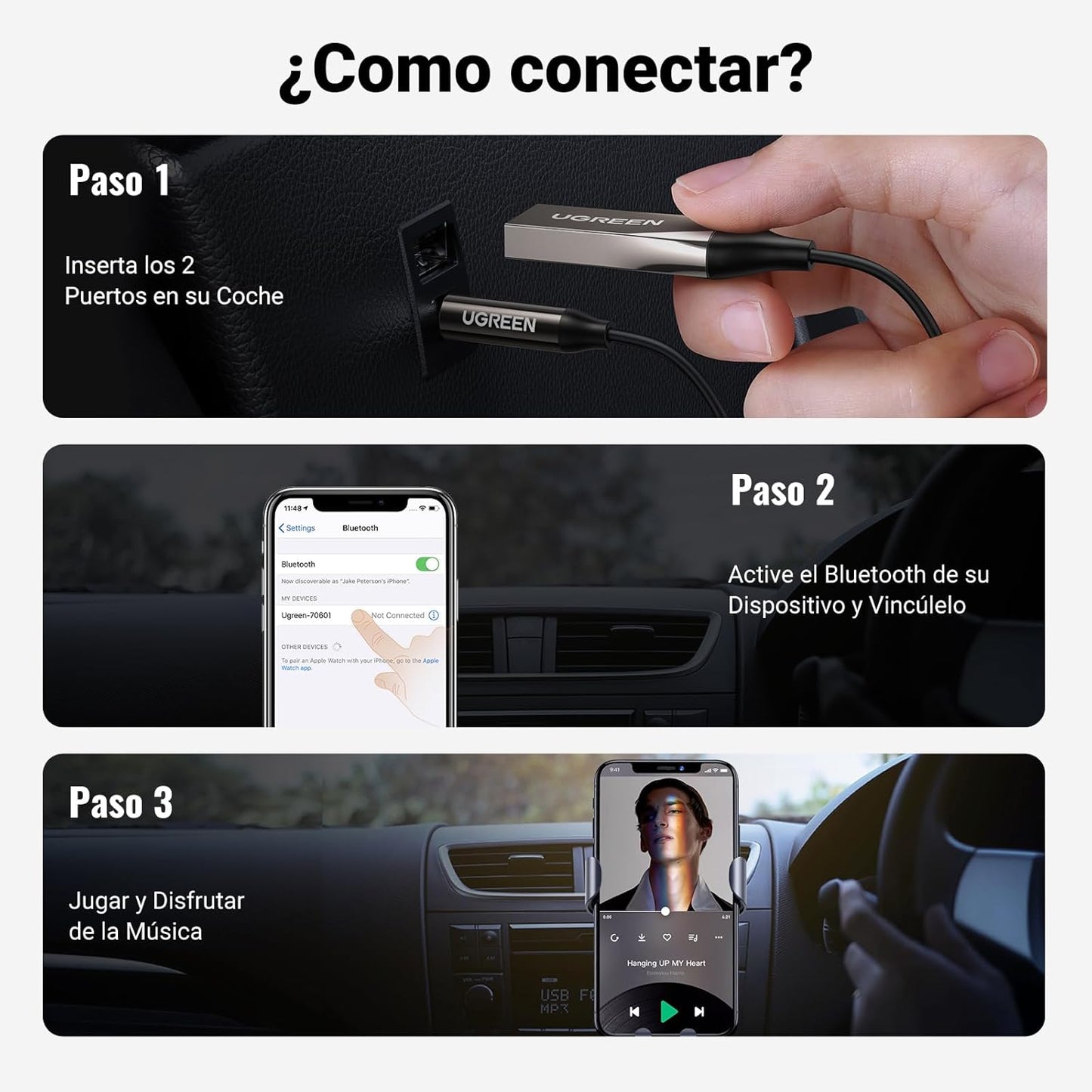 UGREEN Bluetooth 6.0 AUX Receiver and USB Adapter for Car - Gray