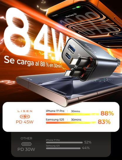 LISEN Retractable 84W Fast Car Charger - PD45W USB-C Cigarette Lighter Accessory for iPhone 17, Samsung S25, Xiaomi - Compact Design for 12/24V Vehicles - Ideal Valentine's Day Gift for Men