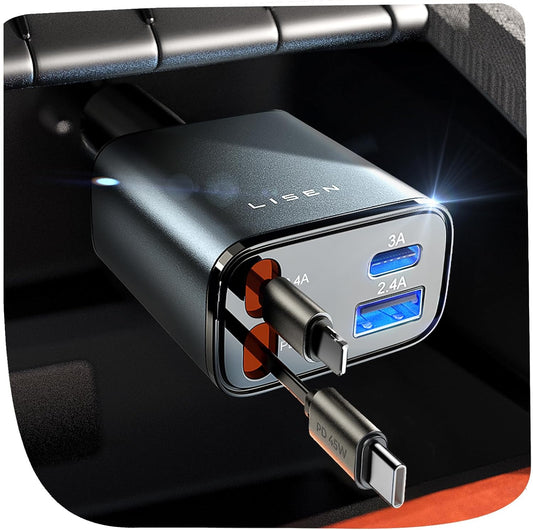 LISEN Retractable 84W Fast Car Charger - PD45W USB-C Cigarette Lighter Accessory for iPhone 17, Samsung S25, Xiaomi - Compact Design for 12/24V Vehicles - Ideal Valentine's Day Gift for Men