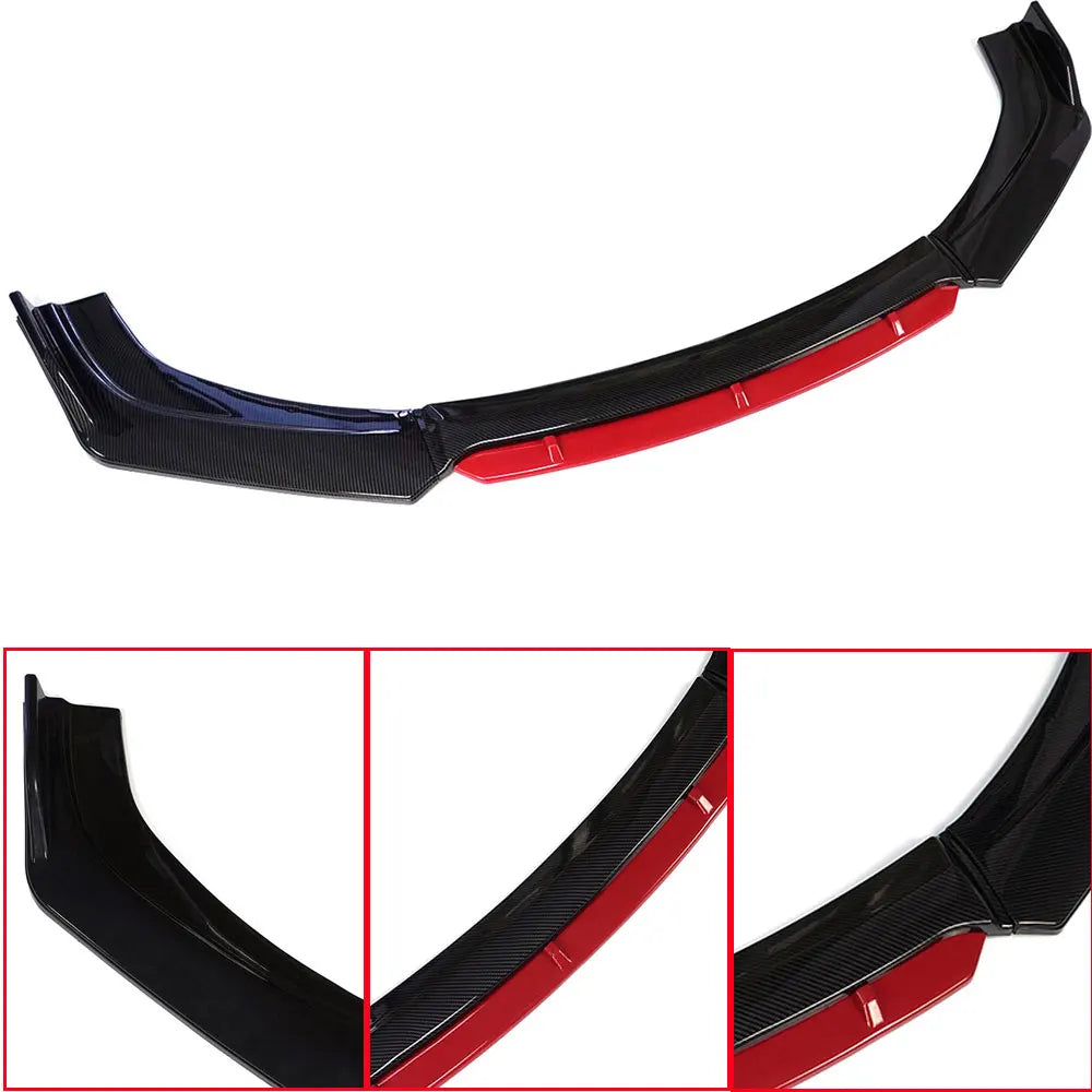 Universal Front Bumper Lip Body Kit Spoiler Diffuser Set - 4 Pieces Red and White Carbon Fiber Canard Splitter in ABS Plastic