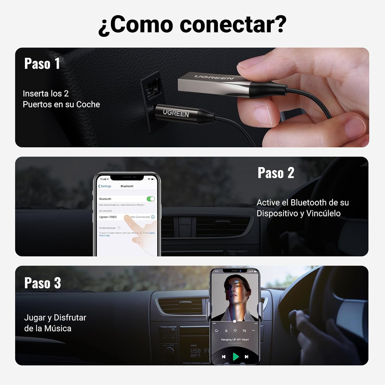 UGREEN Bluetooth 6.0 AUX Receiver and USB Adapter for Car - Gray