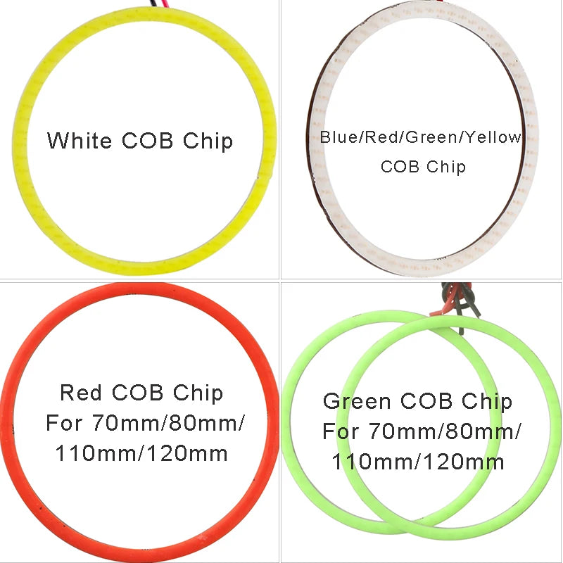 2-Piece Halo Ring COB LED Headlight Angel Eyes Fog Lamp - Available in 60MM, 70MM, 80MM, 90MM, 100MM, 110MM, and 120MM - 12V/24V Compatibility