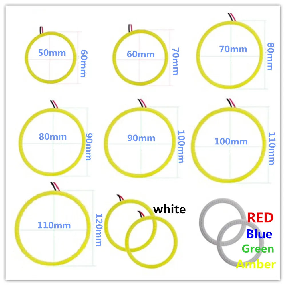 2-Piece Halo Ring COB LED Headlight Angel Eyes Fog Lamp - Available in 60MM, 70MM, 80MM, 90MM, 100MM, 110MM, and 120MM - 12V/24V Compatibility