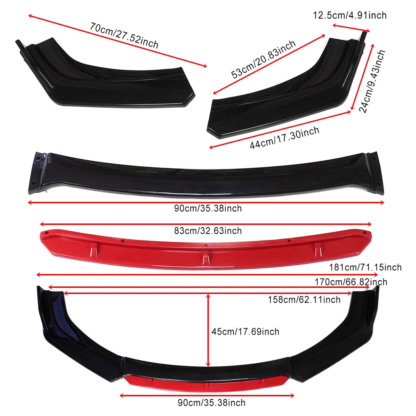 Universal Front Bumper Lip Body Kit Spoiler Diffuser Set - 4 Pieces Red and White Carbon Fiber Canard Splitter in ABS Plastic