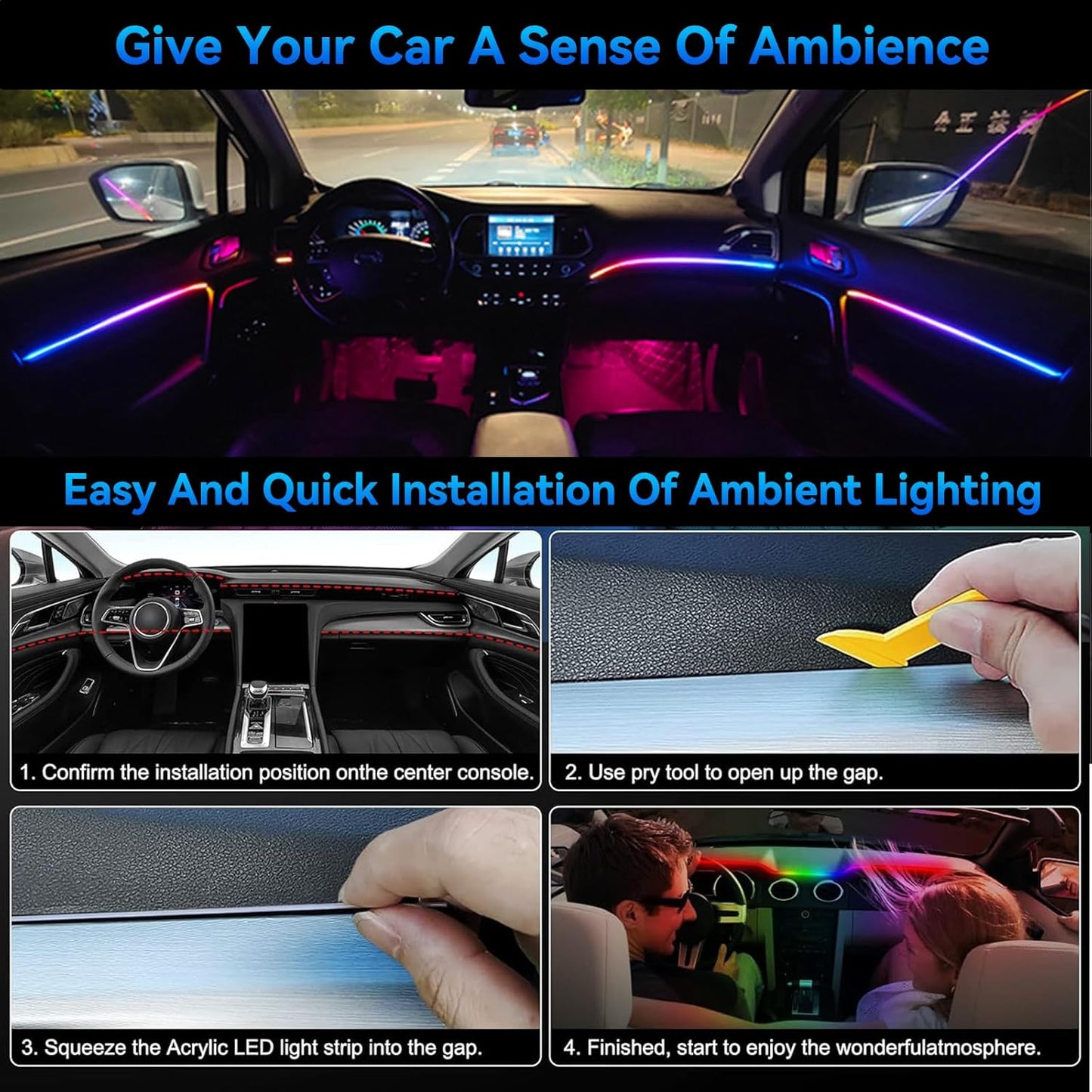 LED Interior Car Lights, USB 5V Powered, App-Controlled for Automotive Scenes with 20 Million Color Options