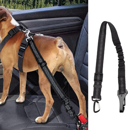 Cinturón de Seguridad para Perros 3 en 1 con Correa Elástica y Mosquetón Resistente - Negro